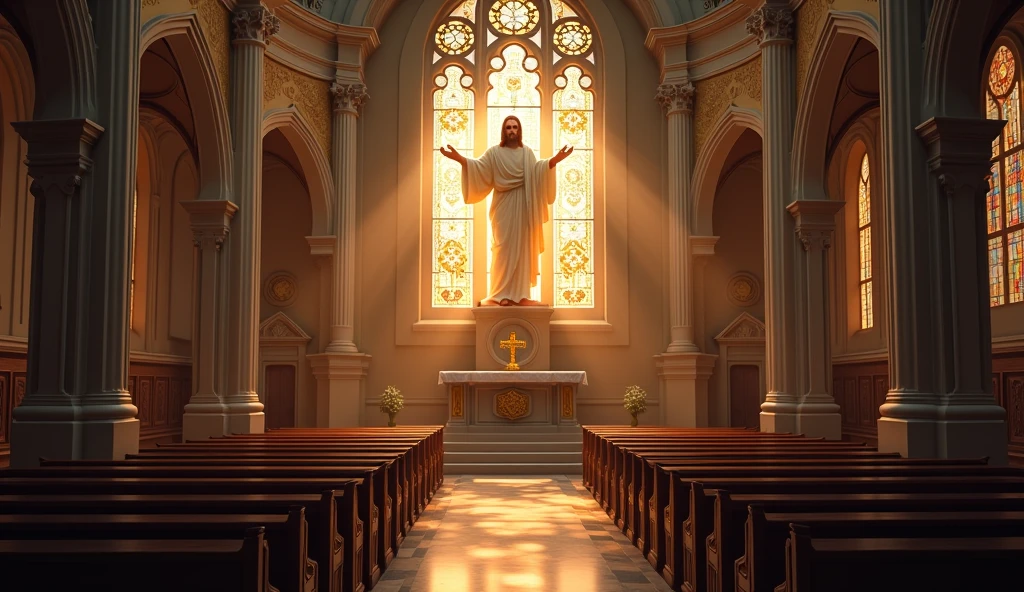 A photo of the inside of a church, especially from the altar or from a stained glass window representing Jesus, can create a devotional environment.