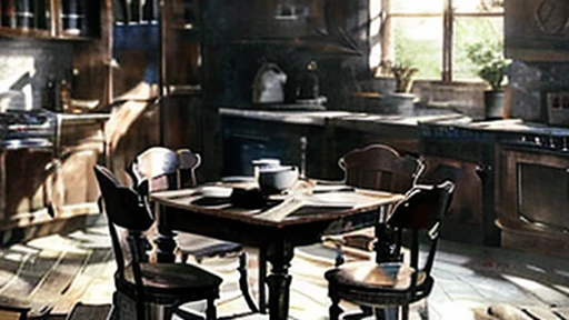 Inside the dark night room，Atelier interior，Mr.々Art supplies，Kitchen and square table，A room with a living feel，The room is a bit dirty，The window is 150 mm,  Very detailed (Realistic, photo-Realistic:1.37),wonderful, Every detail