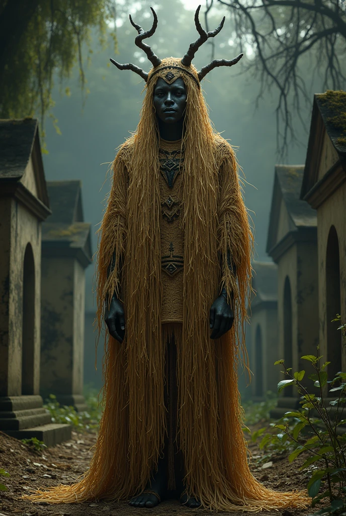 African Orisha Omulu, all covered in straw clothes, in front of the cemetery 