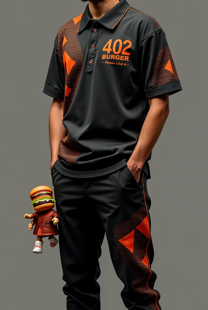 Design a complete uniform for a burger restaurant called 402 BURGER with an urban style, Black with small orange details, polo shirt and jogger pants that is disruptive innovation that has a tribal with the word 402 BURGER on the shirt and that has a doll in the shape of a hamburger