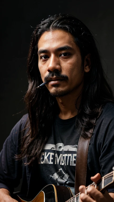 30 year old Indonesian man,long flowing curly hair,thin mustache,wearing an old t-shirt and jacket,playing guitar face facing camera ,portrait style,dark gradient background ,smoke effect,hyper realistic, ultrahd,image quality,