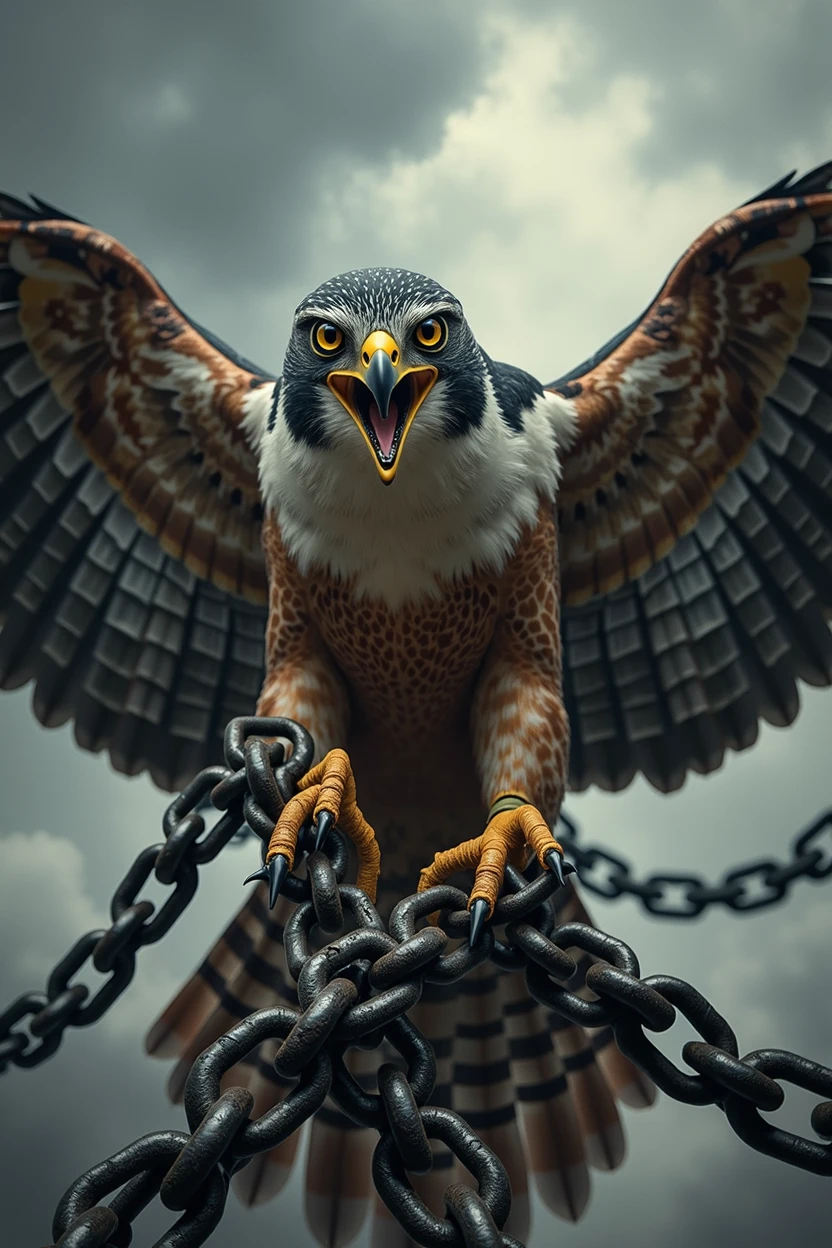 Angry falcon breaking chains with its paws