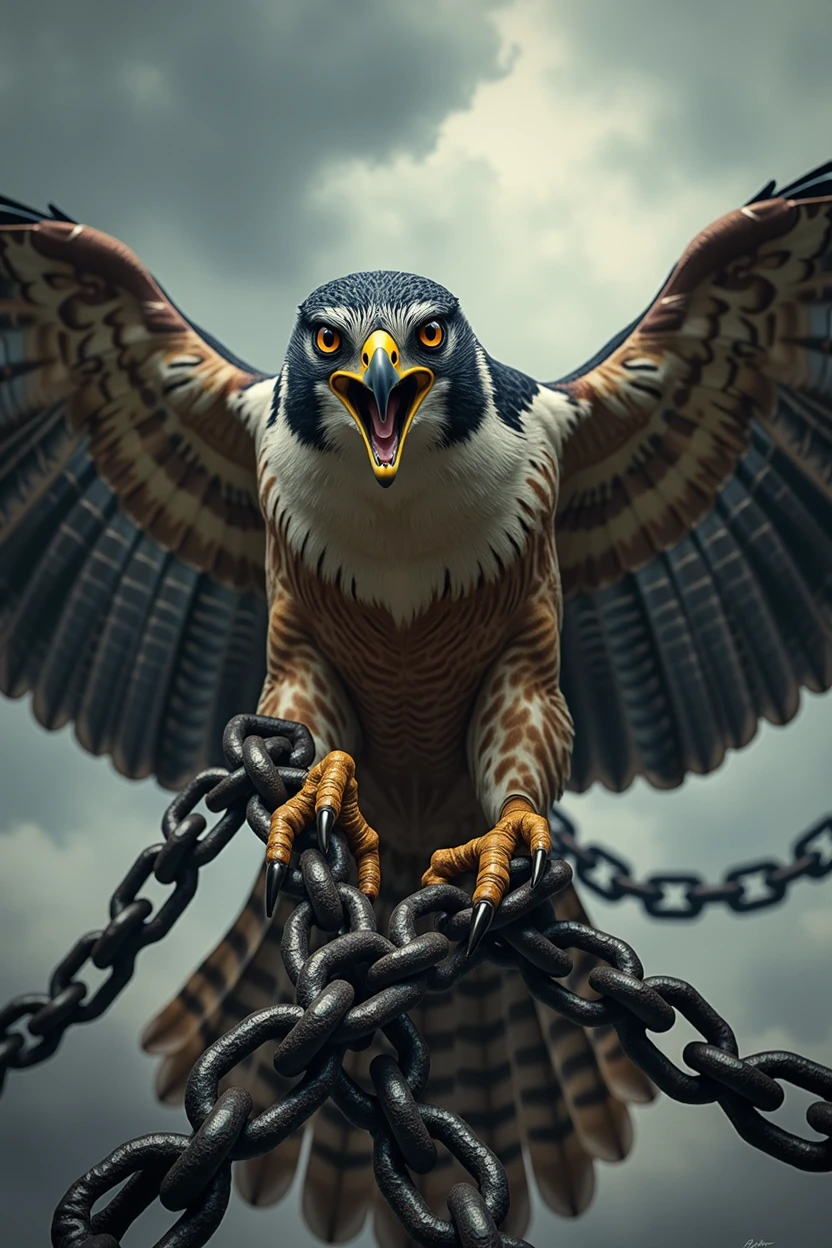 Angry falcon breaking chains with its paws