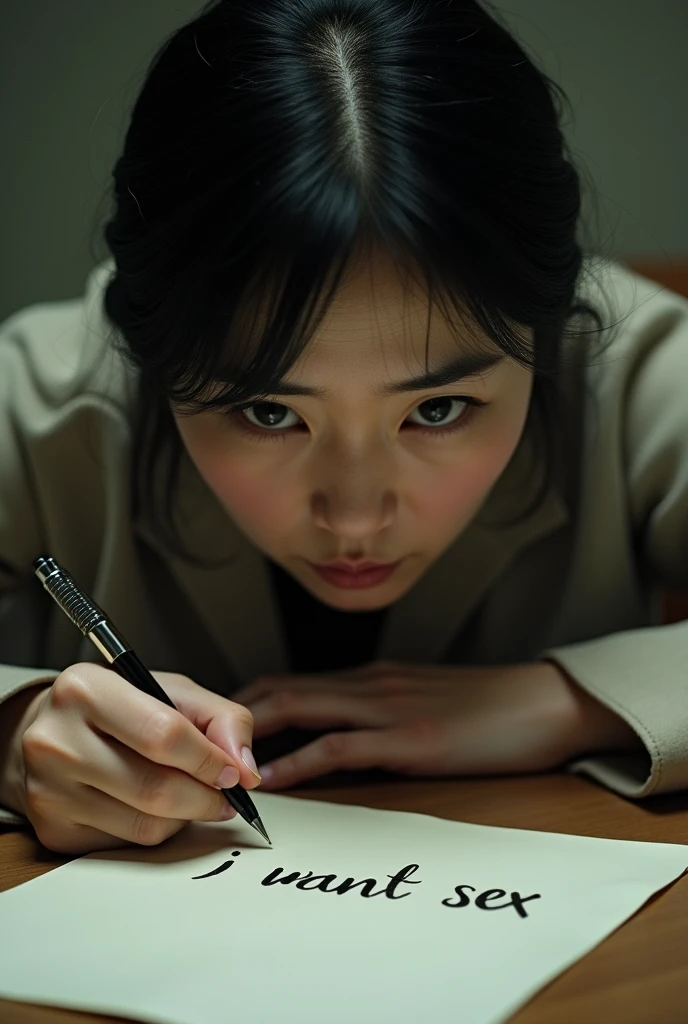 Beautiful Japanese woman, 40-50 years old, writes the word "i want sex" and makes a scared face.