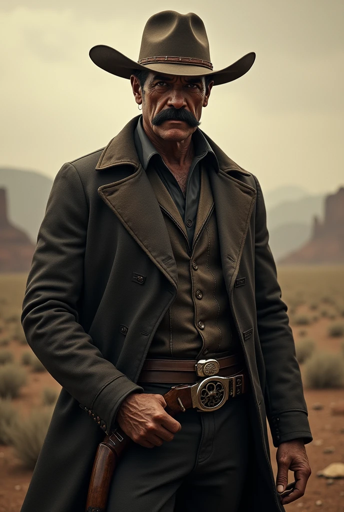 Make an outlaw from the late 1800s who radiates authority and determination. His posture must be heroic and authoritative. He is approximately 35-40 years old with short dark hair. His hardened features show rugged determination, and his piercing eyes have seen many battles. He has a bold, handlebar mustache.
