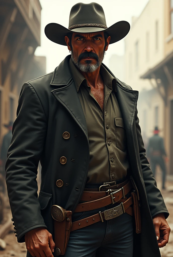 Make an outlaw from the late 1800s who radiates authority and determination. His posture must be heroic and authoritative. He is approximately 35-40 years old with short dark hair. His hardened features show rugged determination, and his piercing eyes have seen many battles. He has a bold, handlebar mustache.