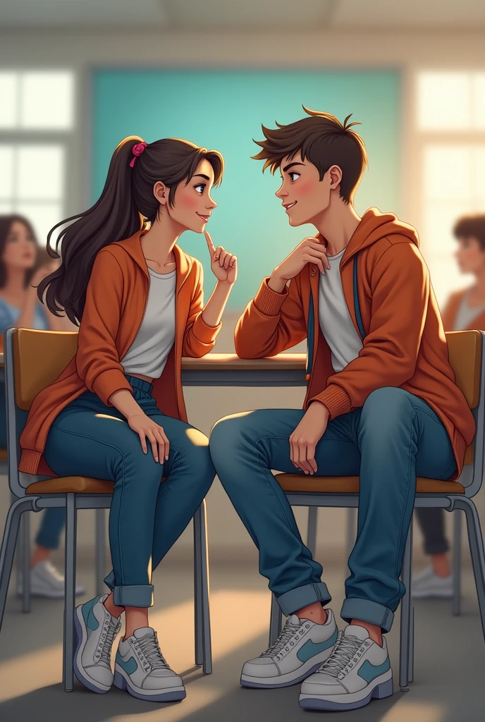 2 teenagers in a school classroom, hanging out on their chairs