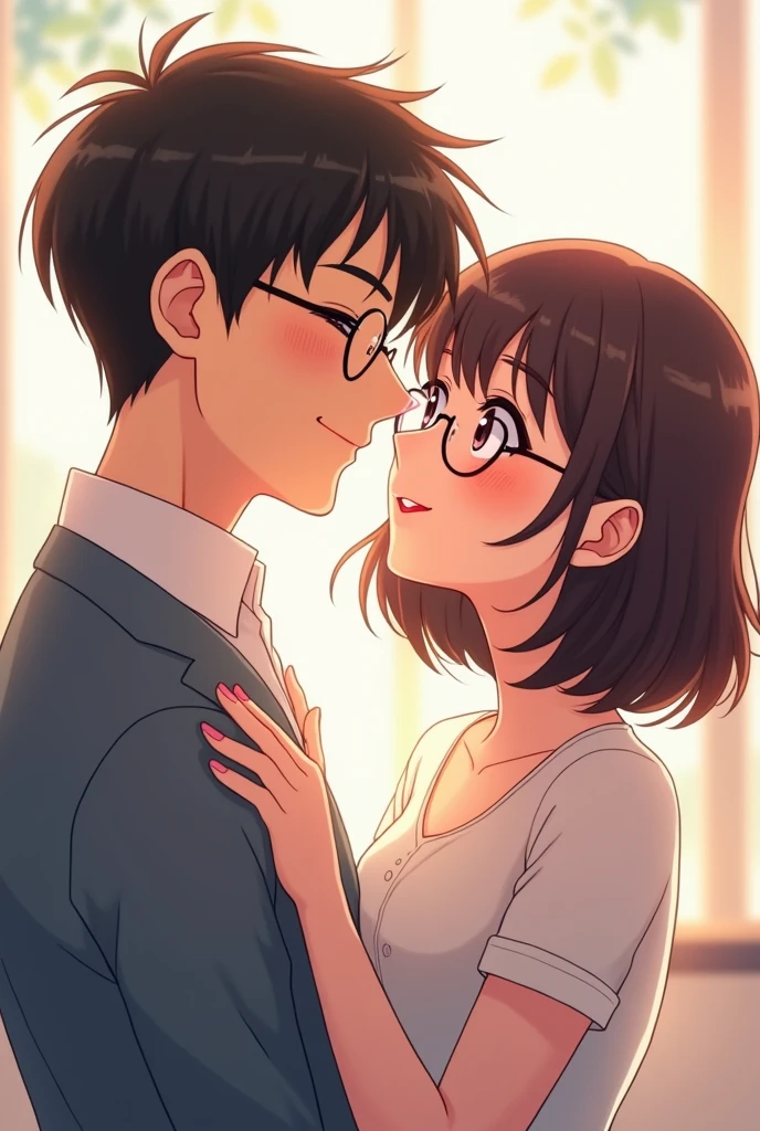 I want an anime couple with a man with thick eyebrows and round glasses and a girl with bangs also wearing round glasses.both happy