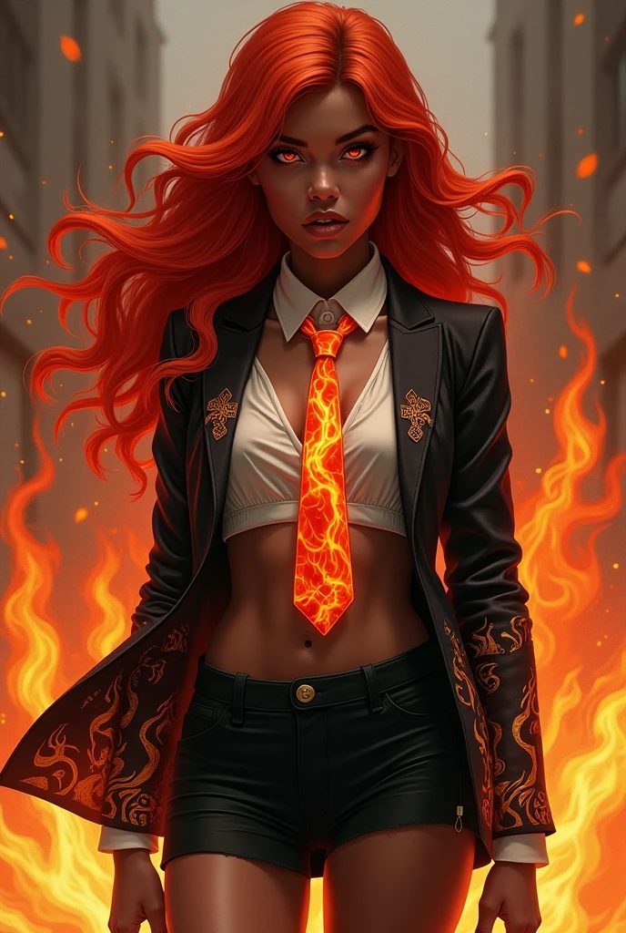 a dark-skinned woman with long, wavy red hair with orange highlights; she wears a sleeveless button-down blouse exposing her belly, over it she wears a black open blazer with flame patterns, she wears a tie made of flames, she wears a black miniskirt and underneath she wears black knee-length pants. She is barefoot, her eyes are orange