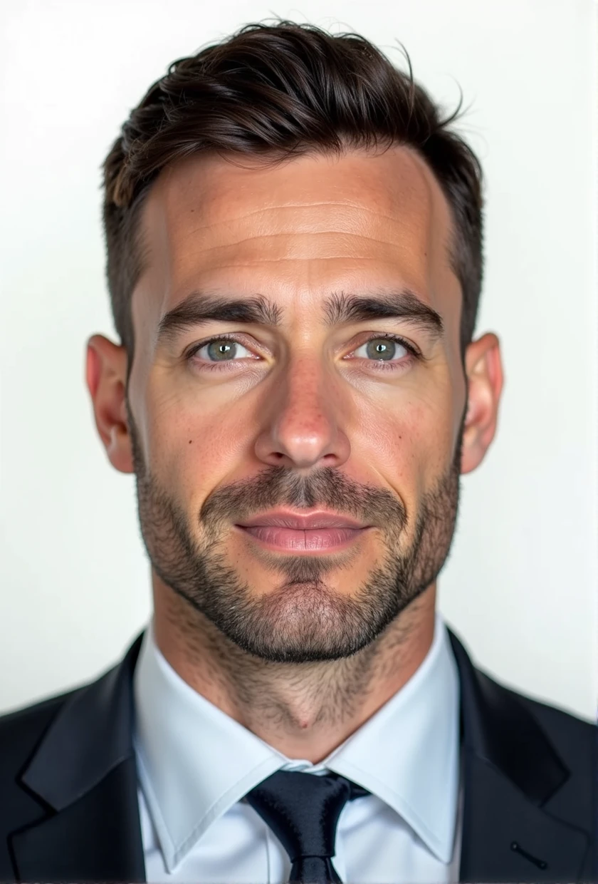 Create a realistic passport-style photo of a man in his 30s, with dark brown hair, a normal build, and light stubble. The man should be wearing a formal suit with a tie, and the background should be plain white, adhering to passport photo requirements. His hair should be in a neat military cut, with the top trimmed to a number five clipper length and the sides to a number three—short enough that the hair cannot be combed. He should have a neutral expression, without smiling. The image should resemble a real photograph taken in a professional studio.