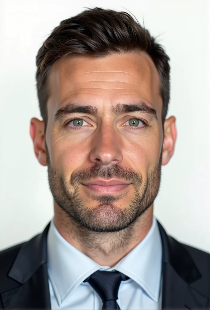 Create a realistic passport-style photo of a man in his 30s, with dark brown hair, a normal build, and light stubble. The man should be wearing a formal suit with a tie, and the background should be plain white, adhering to passport photo requirements. His hair should be in a neat military cut, with the top trimmed to a number five clipper length and the sides to a number three—short enough that the hair cannot be combed. He should have a neutral expression, without smiling. The image should resemble a real photograph taken in a professional studio.