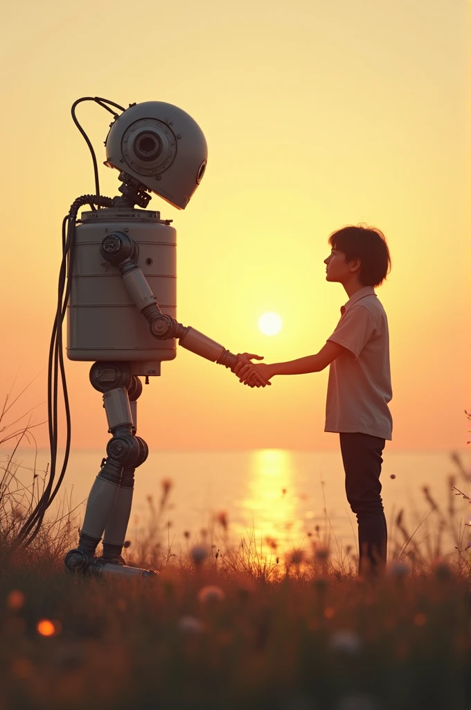 Electric generator personified with legs and hands holding a person's hand and both warming up towards the horizon