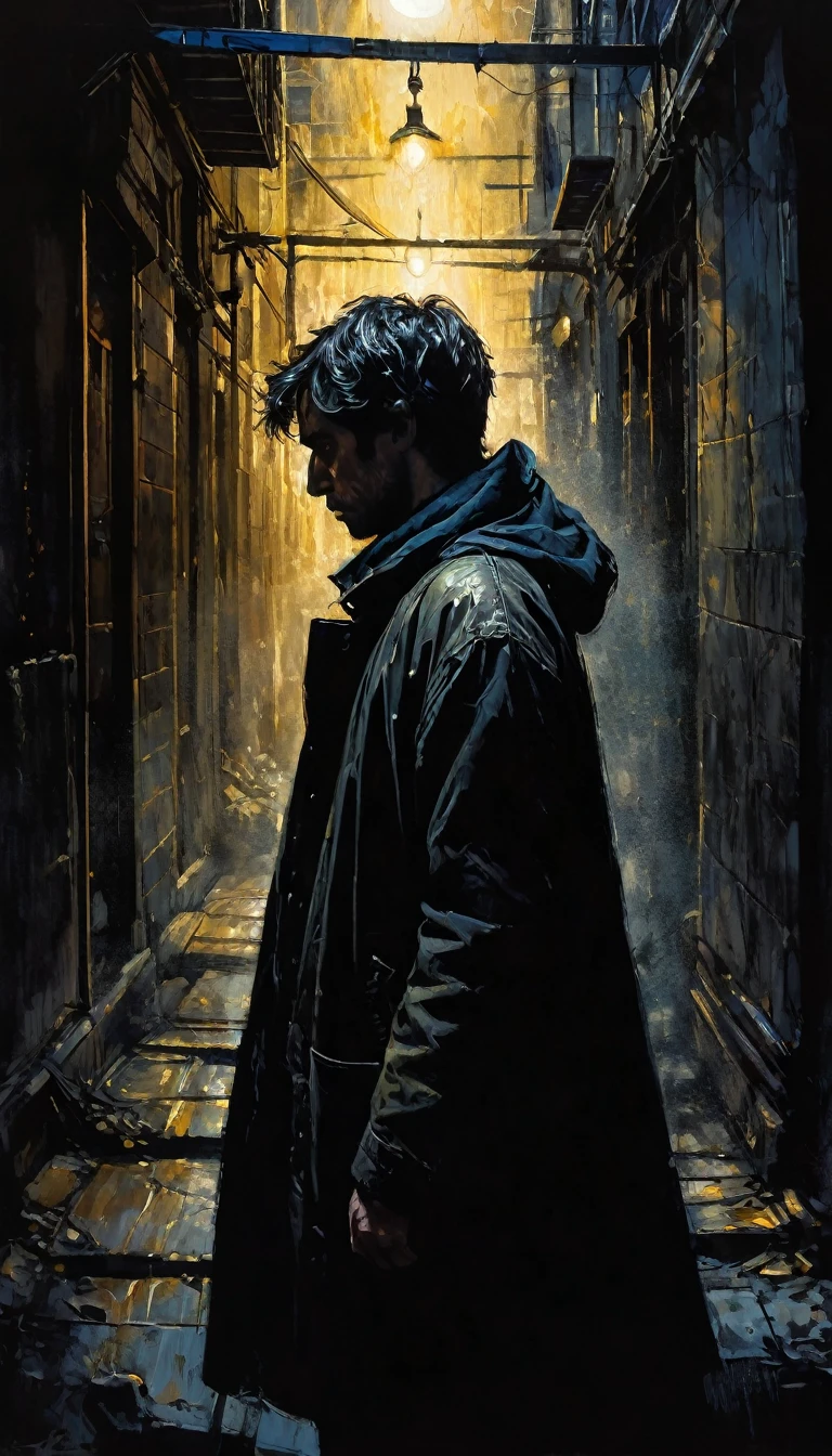 life, between shadows, oil painting, chiaroscuro, dramatic lighting, moody atmosphere, photorealistic, intricate details, masterpiece, ultra-detailed, high quality, 8k, best quality, realistic, cinematic, dark and brooding, expressionistic, powerful composition, emotional impact, Bill Sienkiewicz inspired art
