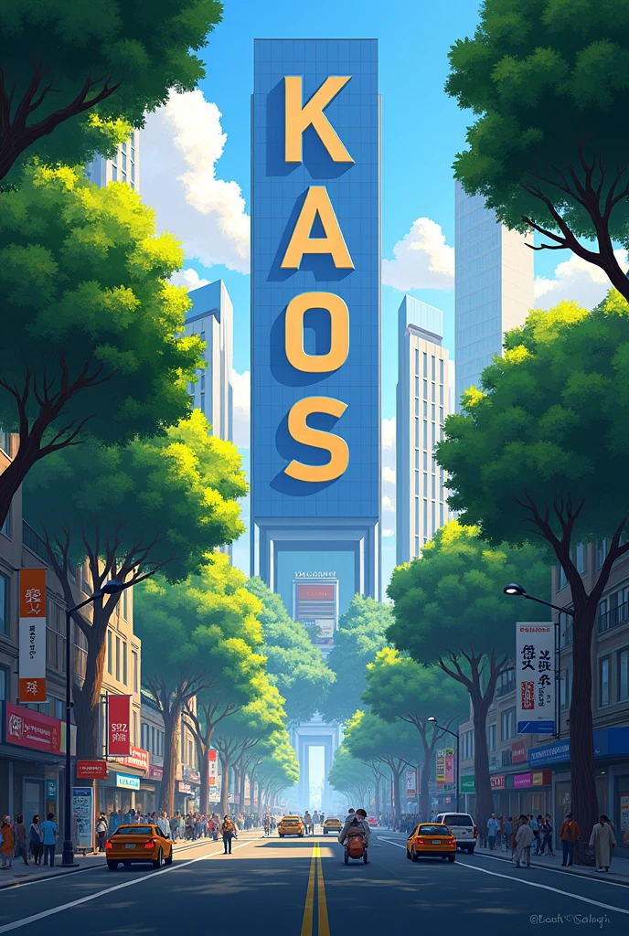 A city with trees and a big billboard marked kaos