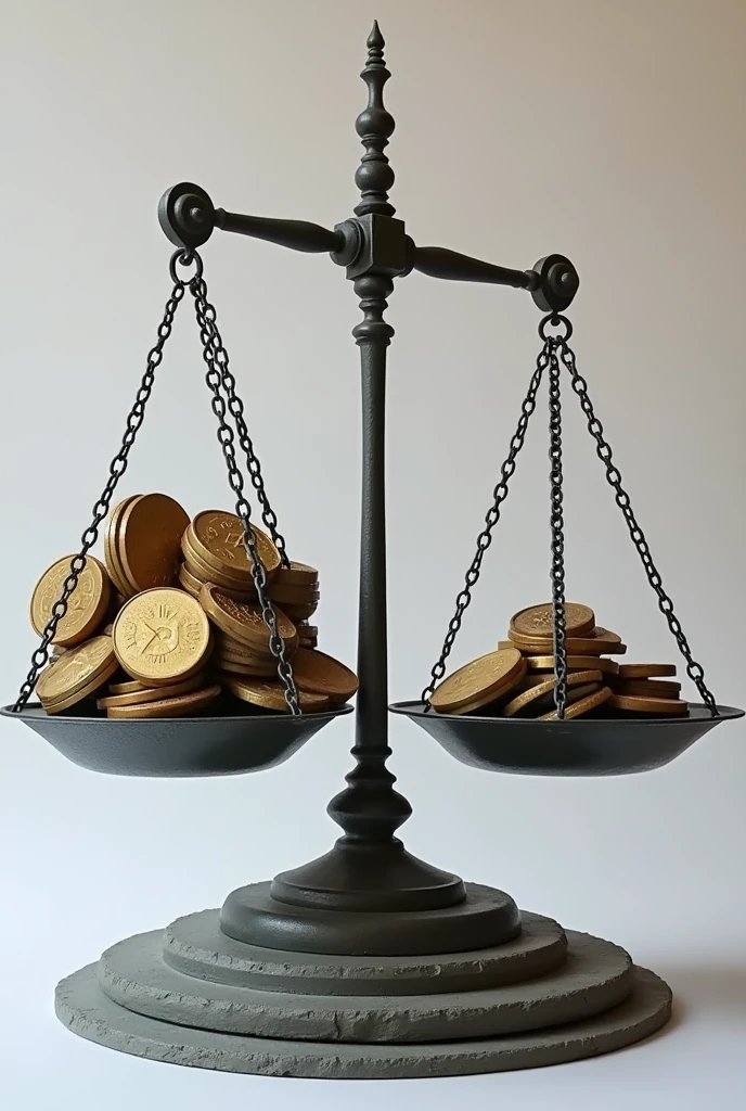 A disproportionate scale where one side is overloaded with heavy, oversized coins, while the other side is empty or contains only a couple of small coins. This sculpture symbolizes inequality in remuneration and how the weight of injustice affects workers..