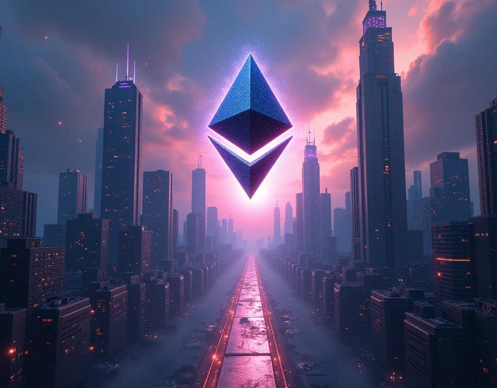 masterpiece, Best Quality, (Extremely detailed CG unity 8k wallpaper), (Best Quality), (best illustration), (best shadow), absurdities, Realistic lighting, (Abyss), beautiful detailed glitter, arte de PeterMohrBacher, with an ethereum logo floating in the city. 