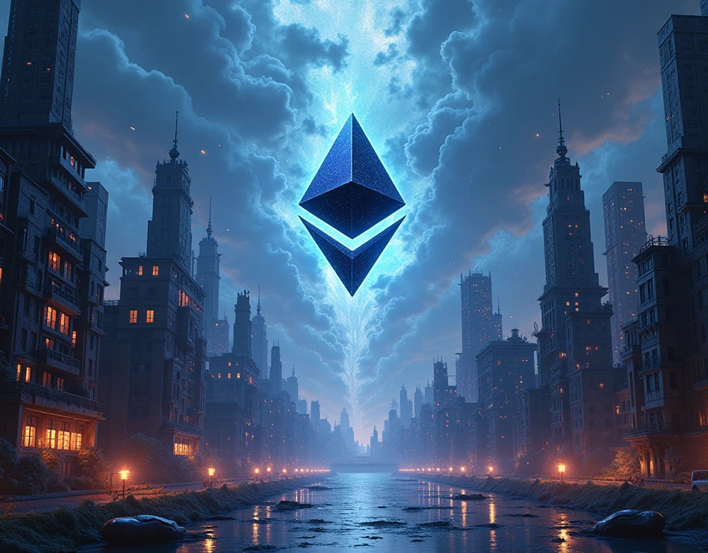 masterpiece, Best Quality, (Extremely detailed CG unity 8k wallpaper), (Best Quality), (best illustration), (best shadow), absurdities, Realistic lighting, (Abyss), beautiful detailed glitter, arte de PeterMohrBacher, with an ethereum logo floating in the city.