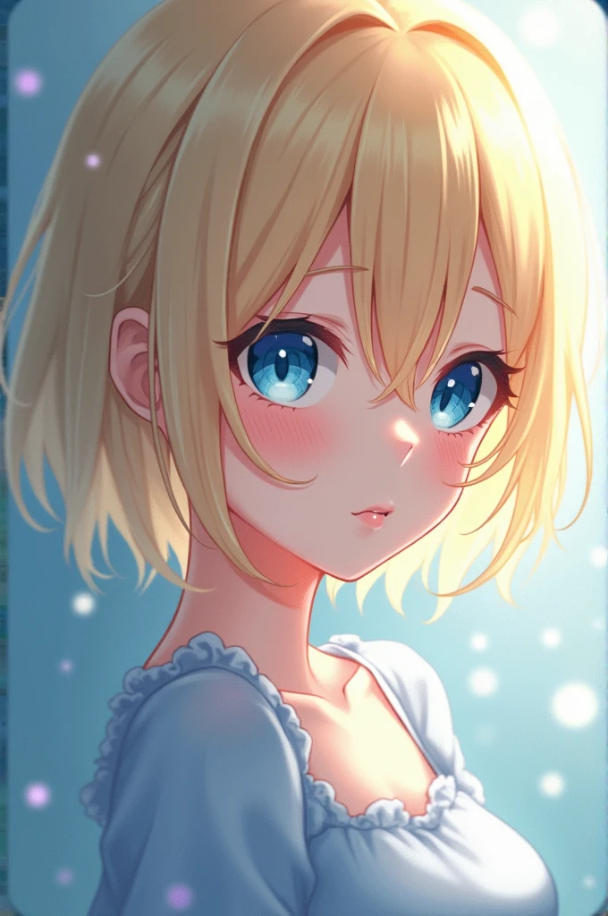 Anime girl blue eyes short blonde hair with blue clothes