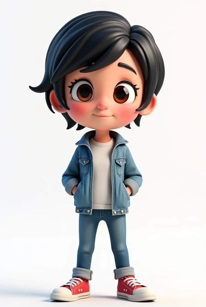 3D Cartoon, woman, young, very short black hair, brown eyes, wearing a white t-shirt, denim jacket, jeans and all star sneakers. Looking at the camera and paying attention to an explanation. Transparent Background