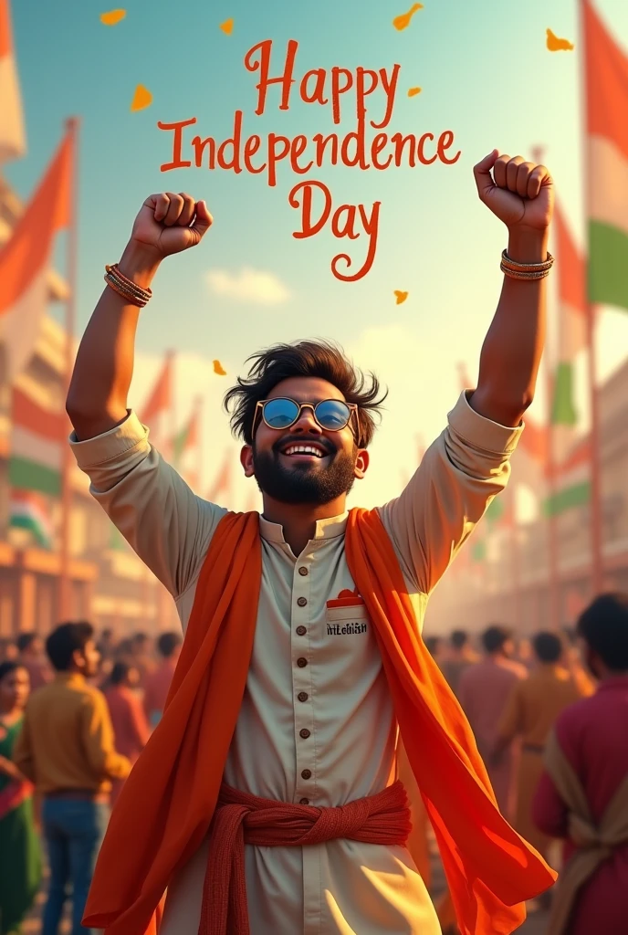 A real 20-year-old boy joyfully celebrates Indian Independence Day. He is wearing traditional Indian outfits with the name "Harish" written on his attire. Above him, in the sky, the words "Happy Independence Day" are displayed in a bold font. The backdrop is filled with people celebrating, enhancing the festive and patriotic spirit of the day.
