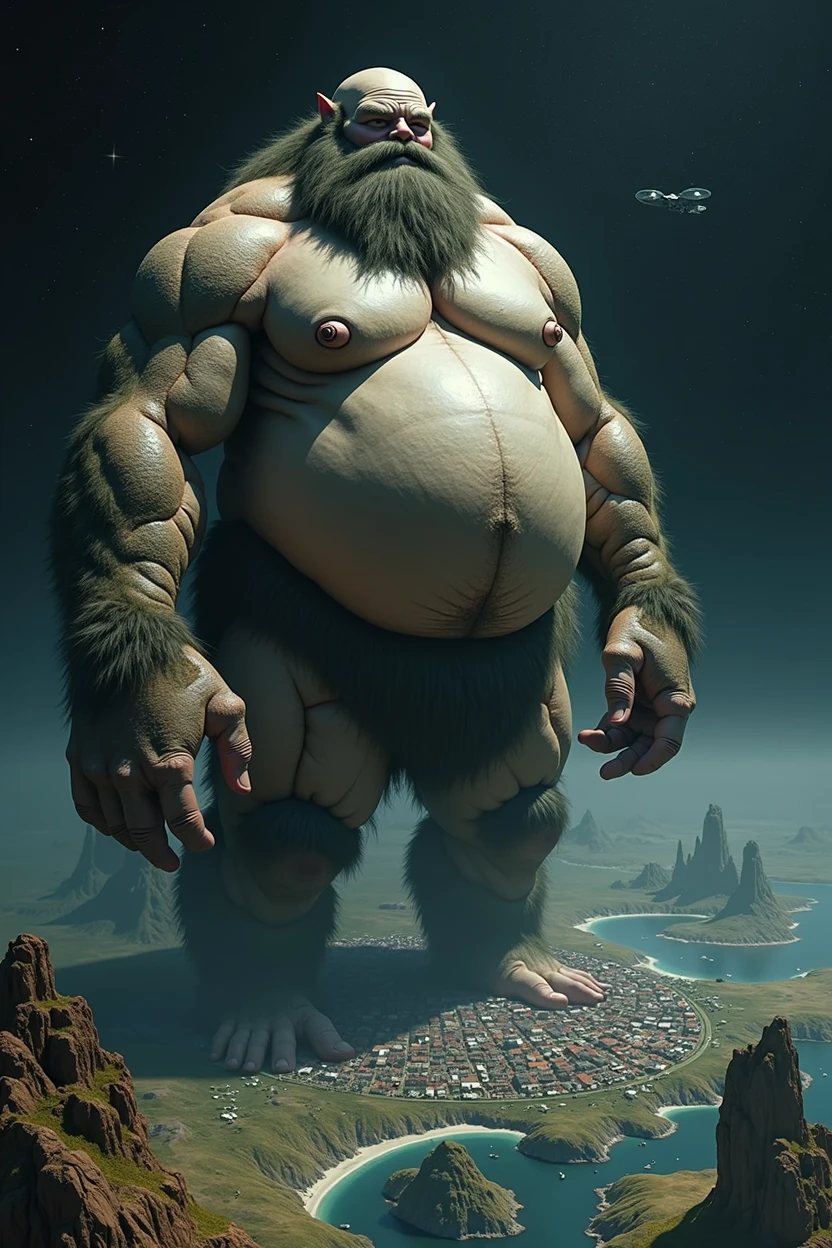 A giant as big as a mountain　Town　person looking up from below々　Huge belly　Huge breasts　naked　aerial photograph　islands　Body hair in the crotch　Bend　Space Station