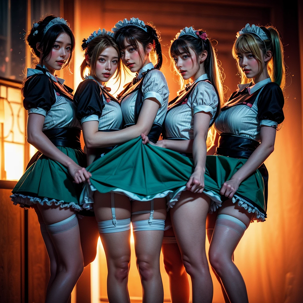 (Full Body of Extremely Detailed((Kawaii Maid Group in a row:1.37))), Childish perfect face, Reflective Eyes, Detailed(Delicate Clothing textures), Correct Leg Line, Dynamic Joyful Expressions LifeLike Rendering, Specular Reflection, TopQuality 8K Ultra-detailed masterpiece (ProfessionalPhoto:1.37), (Acutance:0.8), (Luminism:1.28), (Renaissance art style), Colorful Light particles, ((Full body from side)), {MicroMini(SkirtLift)|Kissing|Breast Lifting|Undressing|Thigh Gap}, Radiant Fine Skin with Transparency, (Exposed:0.5), (Different types of Anime hair color){Pink Hair|Light Blue Hair|Green Hair}, Perfect Lighting 