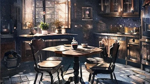 it is night and dark outside,Inside the dark night room,Atelier interior,Mr.々Art supplies,Kitchen and square table,A room with a living feel,The room is a bit dirty,The window is 150 mm, Very detailed (Realistic, photo-Realistic:1.37),wonderful, Every detail
