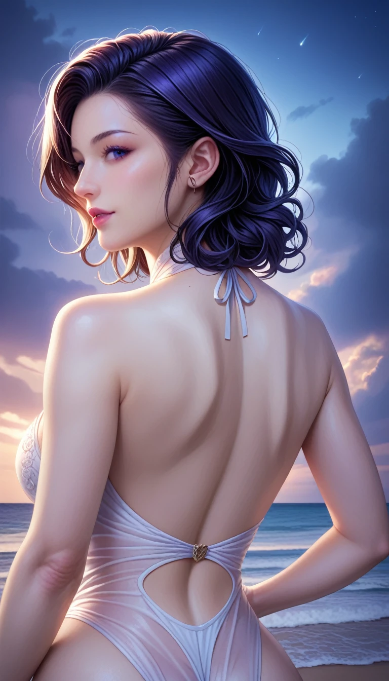 score_9, score_8_superior, score_7_superior, High resolution 3D anime style,A masterpiece in 32K resolution,Highest quality,it is really amazing,Very detailed,Ultra-high resolution,Ultra-realistic,Realistic,Increased depth of field,Cinematic lighting,
Elegant mature Japanese woman,
black straight medium hair,Ultra-detailed and beautiful face,Calm and gentle look,Translucent white skin,Realistic skin texture,Great proportions,
Elegant swimwear,
Summery design,Chic color scheme,Beautiful and delicate decoration,Detailed fabric texture,
Overcast night sky,Dark Clouds,Thundercloud,Coastline at night,Stormy seas,delay々A desolate sandy beach that continues,
Cinematic,Beautiful back view,
