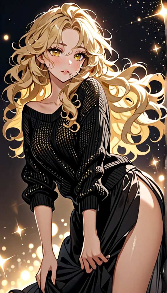 Beautiful and blond messy styled hair, best quality, delicate and dynamic depiction, beautiful woman, amorous and lewd expression, blonde messy wavy hair, light blonde hair, yellow eyes, make-up, wearing loose fitting black summer knit sweater and long skirt, sparkly fluffy