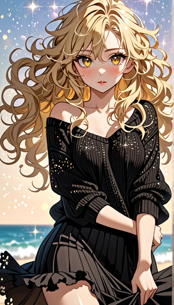 Beautiful and blond messy styled hair, best quality, delicate and dynamic depiction, beautiful woman, amorous and lewd expression, blonde messy wavy hair, light blonde hair, yellow eyes, make-up, wearing loose fitting black summer knit sweater and long skirt, sparkly fluffy
