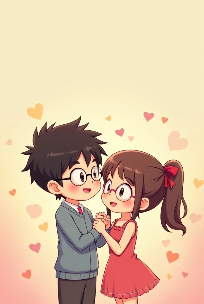 I want an anime couple with a man with thick eyebrows and round glasses and a girl with bangs also wearing round glasses.both happy
