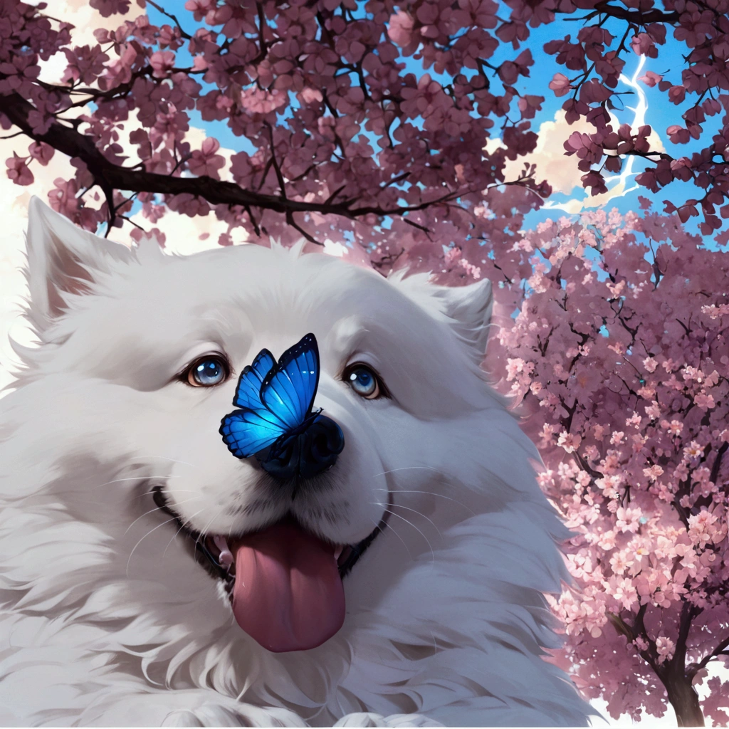 Cute anime dog with blue butterfly sitting on its nose , bigger eyes , looking at the camera, furry , good lightning 