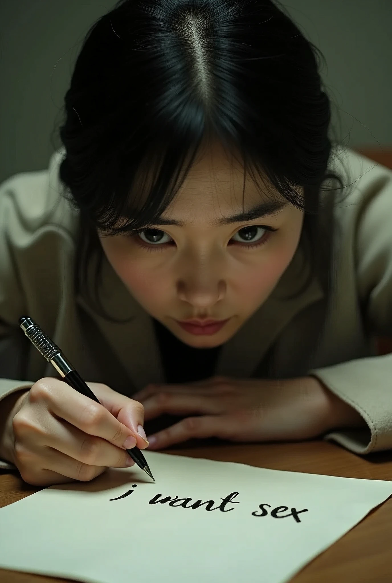 Beautiful Japanese woman, 40-50 years old, writes the word "i want sex" and makes a scared face.