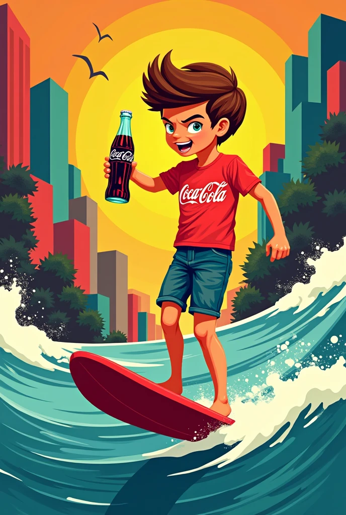 Pop art of a boy surfing and drinking coca cola , mocking people&#39;s materialistic sense