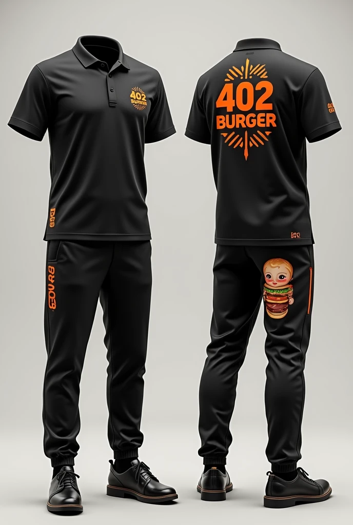 Design a complete uniform for a burger restaurant called 402 BURGER with an urban style, Black with small orange details, polo shirt and jogger pants that are disruptive innovation, that have a tribal with the word 402 BURGER on the shirt and that have a hamburger-shaped doll printed on the back 