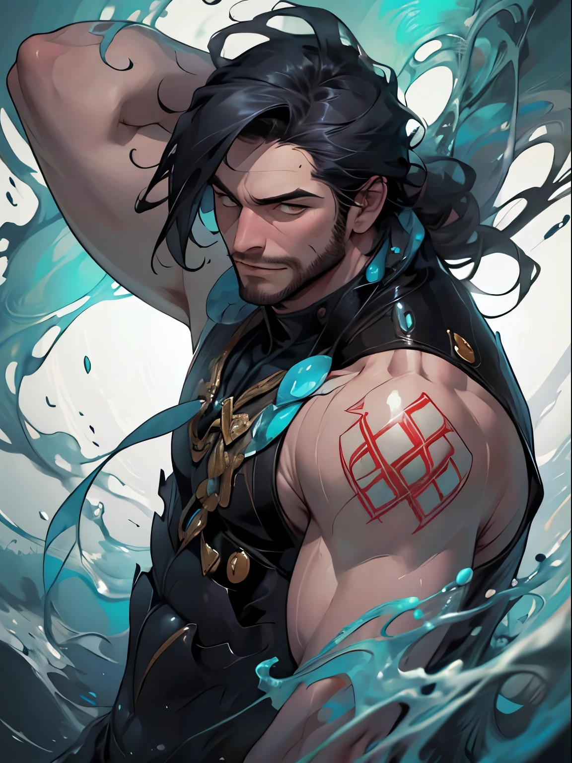 (masterpiece: 1.2), (very detailed: 1.2), (perfectly detailed), (very detailed and beautiful: 1.1) solo, 1 boy, male only, muscular male, dynamic pose, shaved temples, thick stubble, has thick stubble, body hair, action scene, detailed face, at full height, water magician, elemental caster,