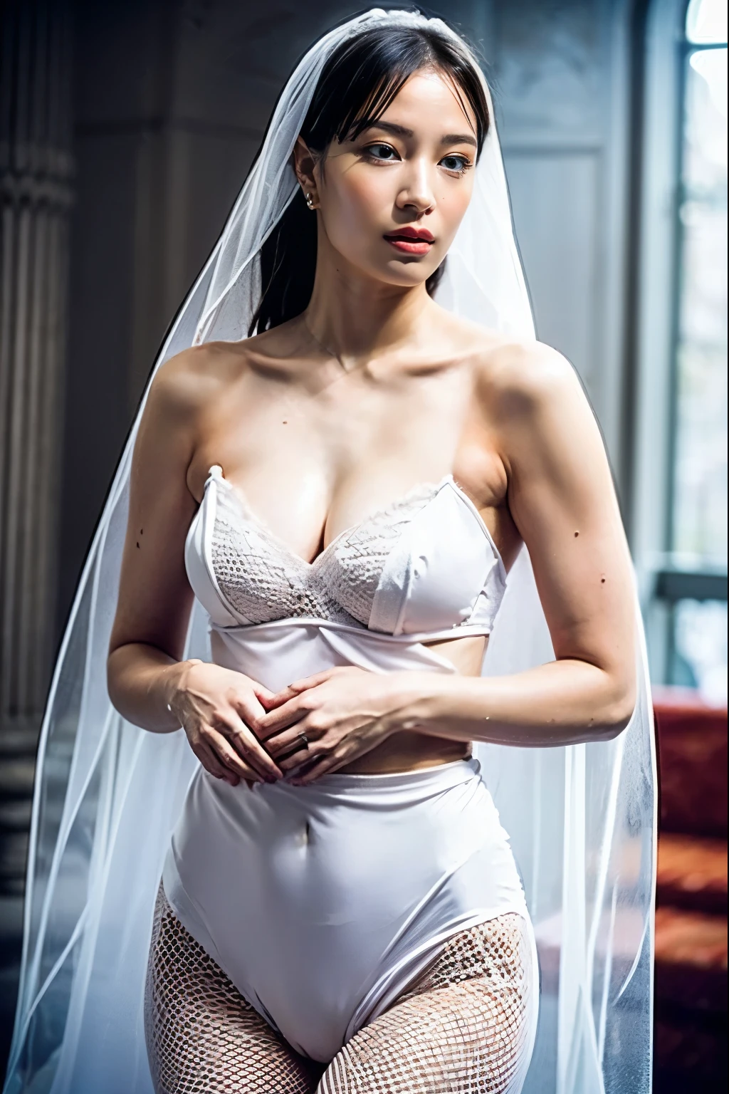 Naked Bride." shape, Big Breasts, Beautiful nipples, Perfect body, whole body , Church wedding, (((There were many participants behind her..))). (((white transparent wedding dress, Cape, Veil, Loose fitting white corset, Transparent Micro Panties, Transparent Micro Bra, Fishnet tights.))) . Thick pubic hair. ,(highest quality, 4K, 8k, High resolution, Tabletop:1.2), Super detailed, (Realistic, Realistic, Photorealistic:1.37), Royal, Fascinating, (Vibrant colors, Sharp Chest:1.1), Soft lighting"Writhing expression. The most beautiful woman in town.