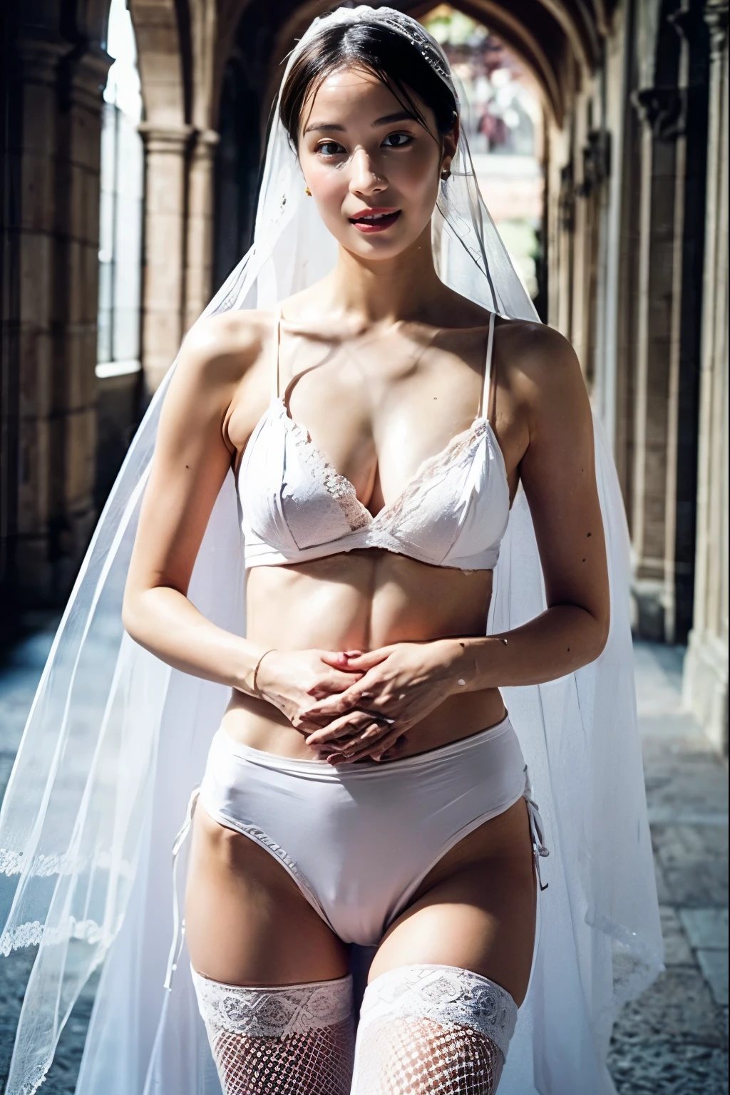 Naked Bride." shape, Big Breasts, Beautiful nipples, Perfect body, whole body , Church wedding,  (((There were many participants behind her...))).  (((white transparent wedding dress, Cape, Veil, Transparent Micro Panties, Transparent Micro Bra, Fishnet tights.))) . Thick pubic hair. ,(Highest quality, 4K, 8k, High resolution, Tabletop:1.2), Very detailed, (Realistic, Realistic, Realistic:1.37), Royal, Fascinating, (Vibrant colors, Sharp Chest:1.1), Soft lighting"Writhing expression. The most beautiful woman in town.