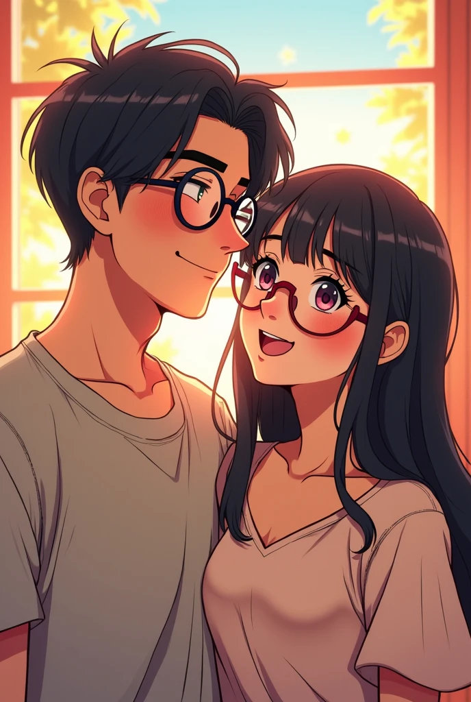 I want an anime couple with a man with thick eyebrows and round glasses and a girl with bangs also wearing round glasses.both happy