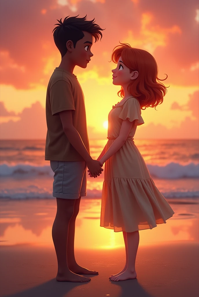 Make the image where a girl is super in love with a boy, The boy realized that he loves this girl, They are on the beach at sunset, the girl is even chubby and with a wavy silhouette, and she is white, her hair is coppery, the boy is tall and smooth, stocky and somewhat dark-skinned(It passes the girl by 10cm, You can see the whole body of both of them, they are more adults, The girl has a round face and is fatter, That&#39;s fine, except the girl has slightly bigger arms.