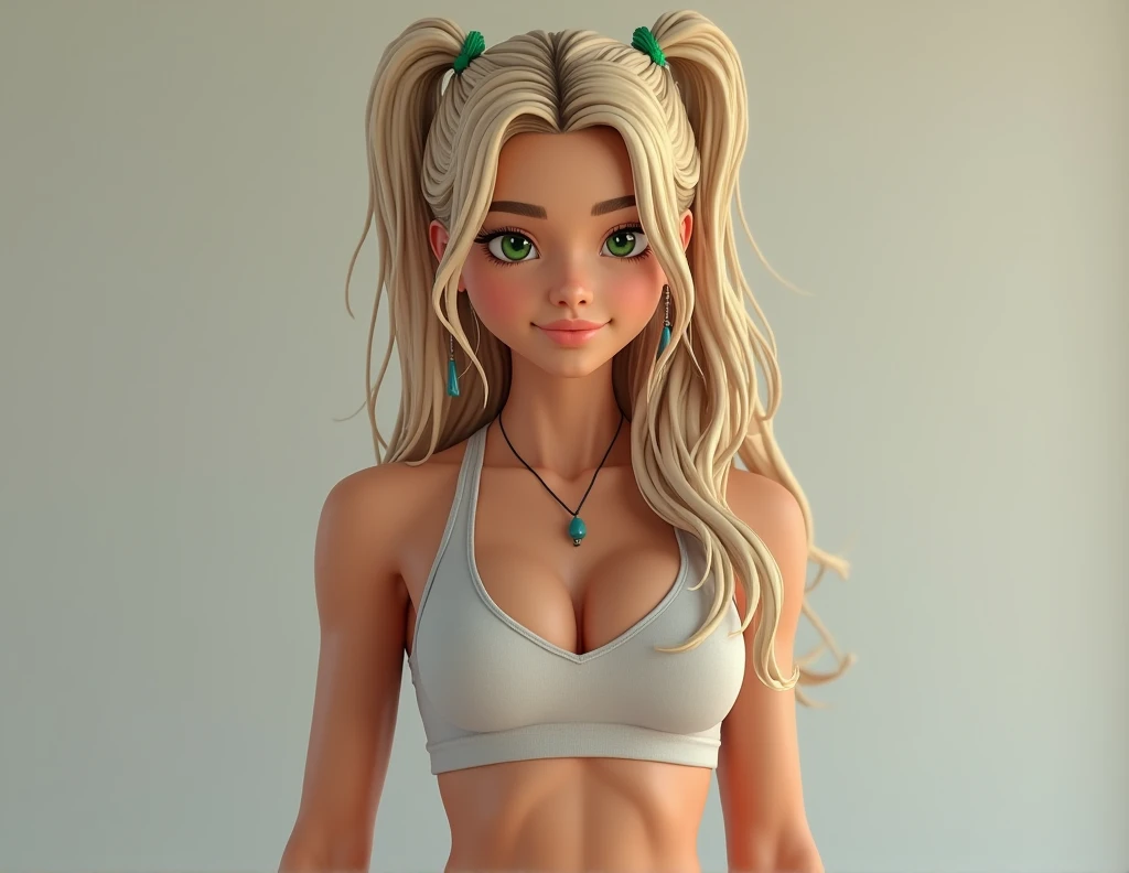 small 18 body(Medium breasts, Long blond hair in pig tails, beautiful green eyes, toned stomach, athletic);