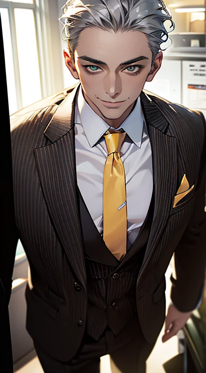 (Highest quality,4K,8K,High resolution,masterpiece:1.2),Super detailed,(Realistic,photoRealistic,photo-Realistic:1.37),1 person,34 years old,Mature Men,Beautiful skin、very handsome,Expressionless smile in love,Short gray silver hair,green eyes,Sharp Eyes,A perfect face without a doubt,Businessman, CEO, Office Background,CEO in his office, huge with classic and modern architecture looking at his prey with a mischievous smile. wearing a modern grayish brown suit, with a black tie and yellow stripes. Cinema Lighting,HDR image,tie、