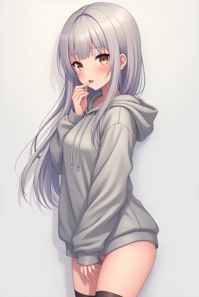 Loose grey hoodie,Small size spats,Gray Hair,long hair,blush,Blowjob,Show the whole picture,Slim beautiful legs,tongue,Licking the penis,anime