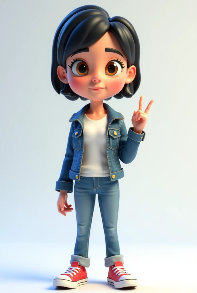 3D Cartoon, woman, young, very short black hair, brown eyes, wearing a white t-shirt, denim jacket, jeans and all star sneakers. Looking at the camera and paying attention to an explanation. Transparent Background