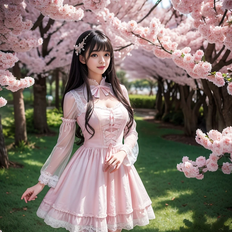 best quality, Delicate face，beautiful visual work, lifelike, eternity, black hair, Long curly hair, blunt bangs, Smile, Detailed Background, Delicate face，blush，cold，((masterpiece))、(top quality)、8k、high detail、Super detailed，31-year-old female， masterpiece、born、Scenes resembling fairy tale illustrations、intricate details和複雜的設計、Beautifully、magic、capricious、 Beautifully、Dream aesthetics、「𝓡𝓸𝓶𝓪𝓷𝓽𝓲𝓬、ethereal、charming、fickle、magic」、realism、Visual effects、FXAA、SSAO、Shader、voiceless、ambient lighting、Tone mapping、High resolution、Ultra high quality、Million pixels、(8K resolution:1.10)、8k、8k以下、8K resolution、high detail、intricate details， (high quality:1.2、masterpiece:1.2、:1.21)、(21 years old female:1.21)、(興奮地Smile)、(Surrounded by a dreamy atmosphere、Model diagram，full-body shot，Normal 2 feet，Put your hands behind you，The protrusion of the breast is visible when wearing clothes, Sakura trees in the distance, Wear a LOLITA dress, layered dress, Pink lolita skirt, lots of lace, Long sleeve, Wide sleeves, Big skirt, layered lace skirt, ???? sleeves, Wide sleeves, Transparent sleeves, intricate details showcase the ruffles and intricate designs of the Lolita dress, Sakura Tree Park, Bow at the back of the waist
