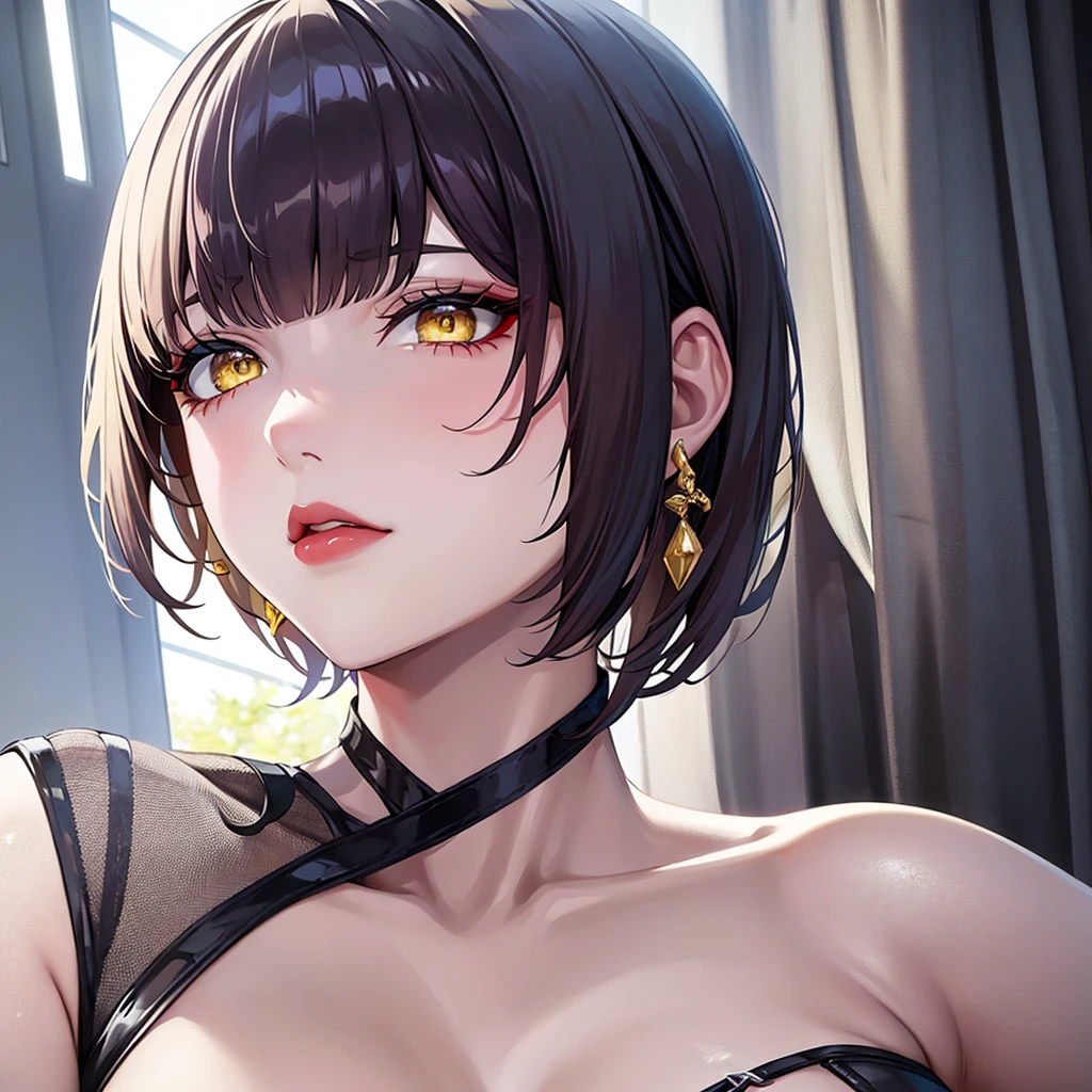 short hair, earrings, yellow eyes, , 1 girl, contemptuous look, scarlet lips,