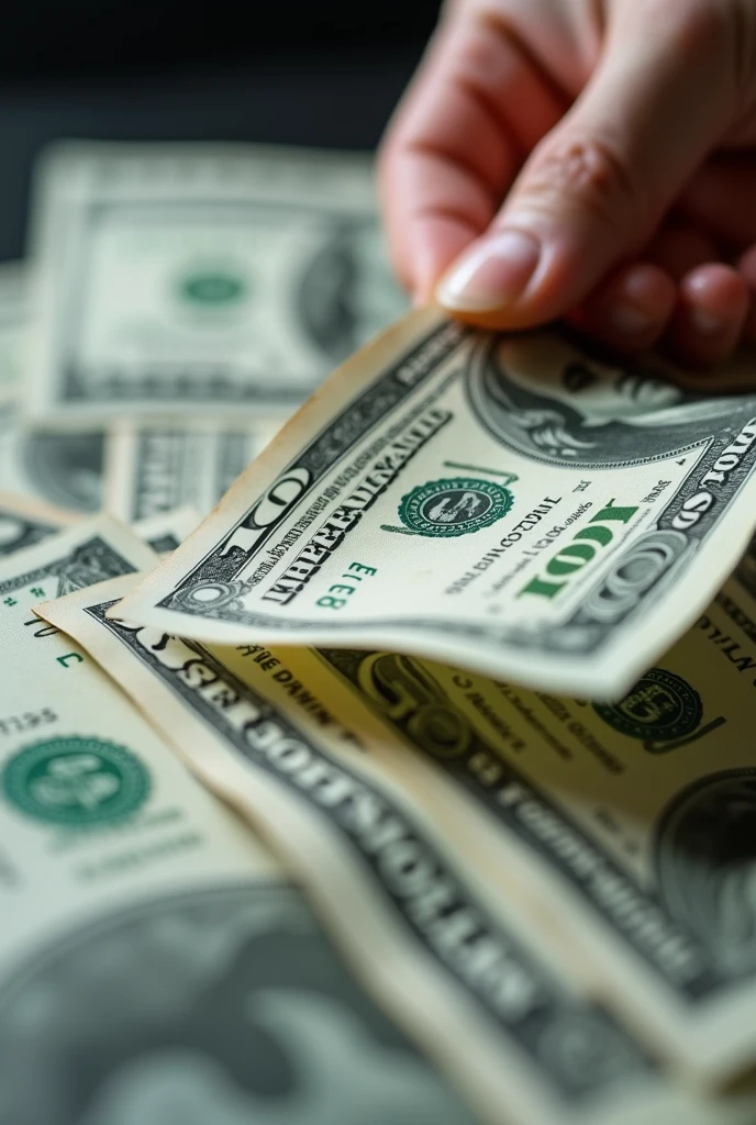 The camera cuts to a close-up of the dollar bills. A single bill is lifted by an unseen hand, flipping it over, revealing intricate details of the currency