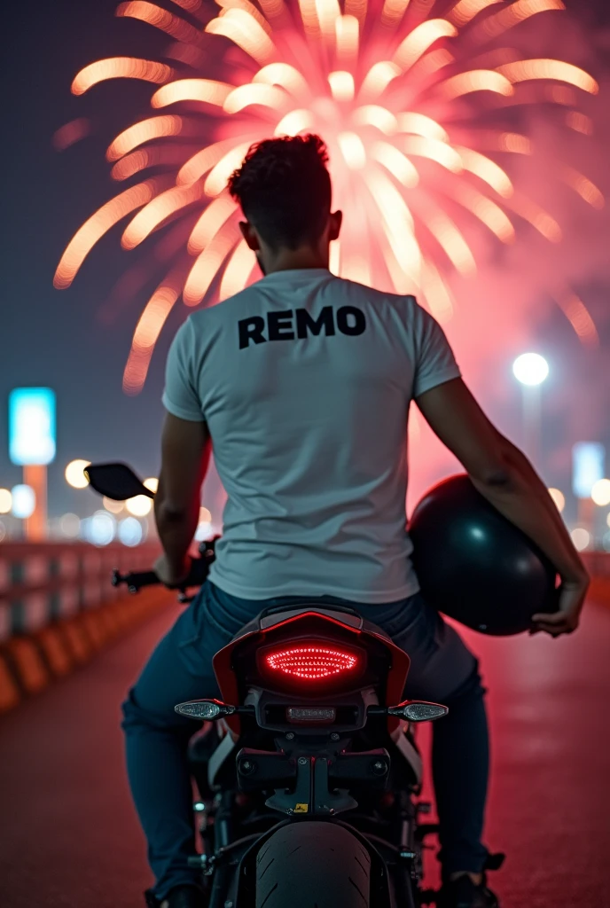 Hi Leonardo, I want you to generate an image, A Lawyer who is with a sports bike. The background of the image must be fireworks, The lawyer must be wearing a t-shirt with the name REMO on the back., In his right hand he must carry a certified helmet.
The image must be like a WhatsApp profile.
The image should be a little further away, not so close