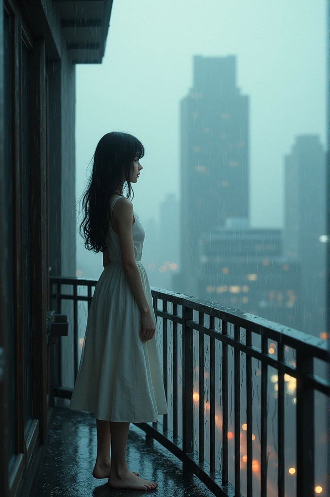 A girl standing on a balcony, it&#39;s raining