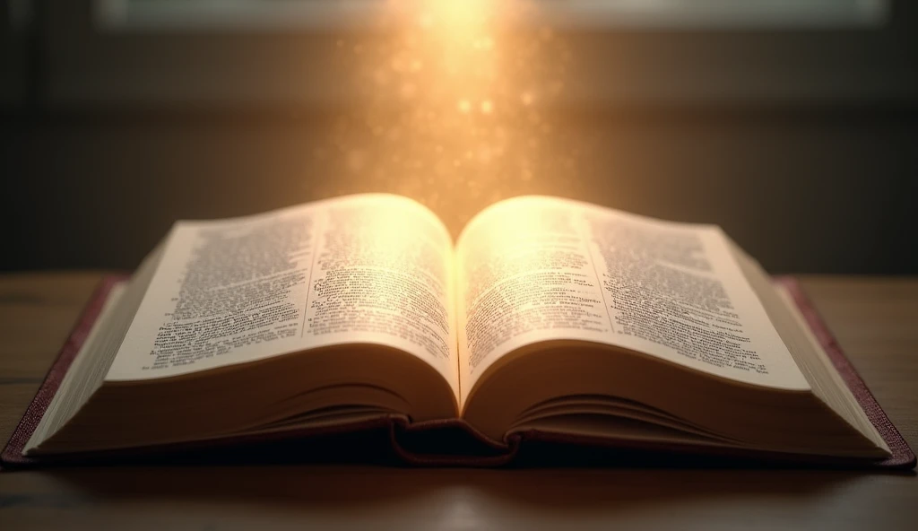 An open Bible, especially with a soft light illuminating its pages, can symbolize the Word of God as a source of wisdom and guidance in prayer.